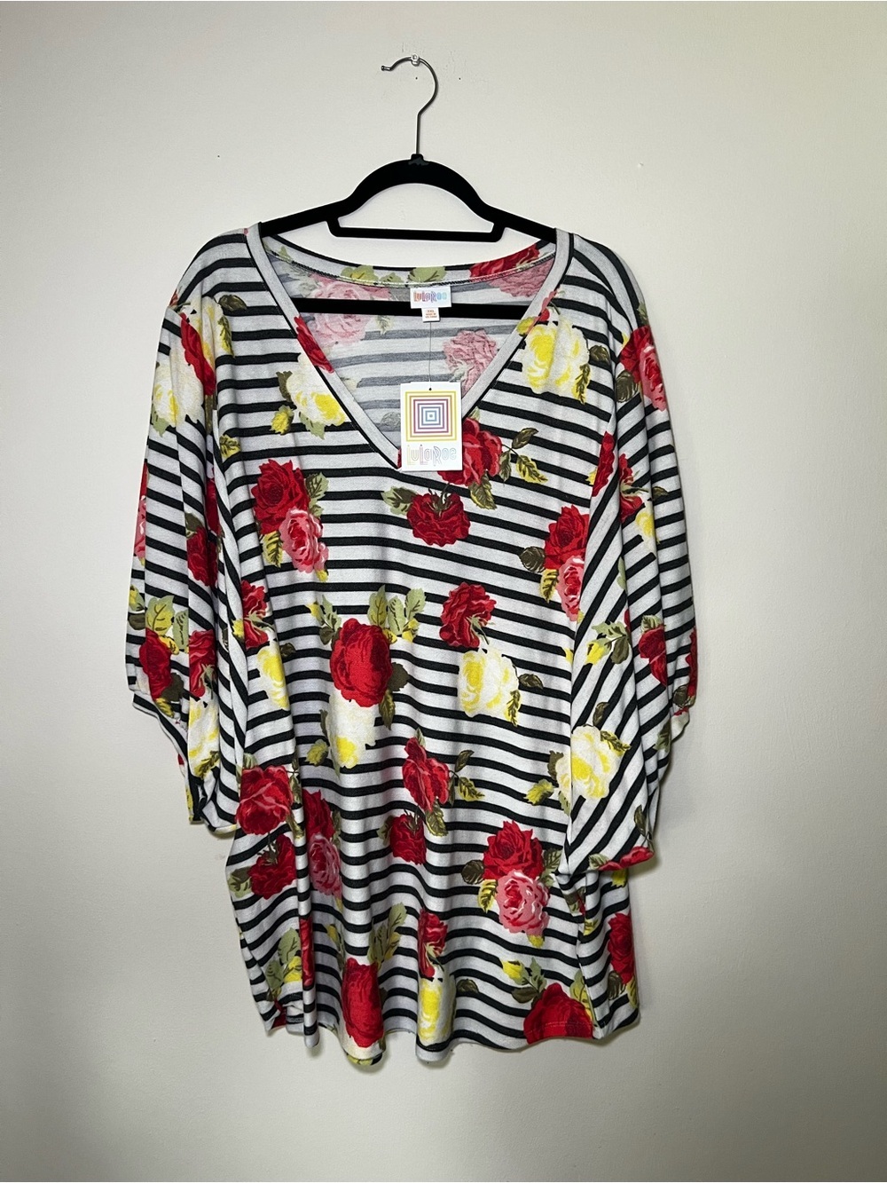LuLaRoe Renee Balloon Sleeve Top Striped with Floral Print